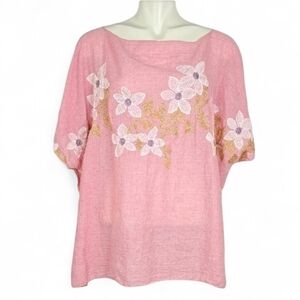 Cherie Bliss Women's Pink Kaftan Top White Floral Embroidery Cotton Blend S/M